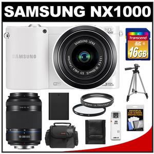 Samsung NX1000 Smart Wi-Fi Digital Camera Body & 20-50mm Lens (White) with 50-200mm NX OIS Lens + 16GB Card + Case + Battery + Tripod + Accessory Kit - Digital Cameras and Accessories - Hip Lens.com
