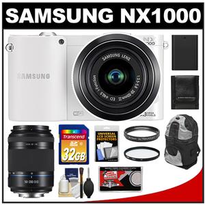 Samsung NX1000 Smart Wi-Fi Digital Camera Body & 20-50mm Lens (White) with 50-200mm NX OIS Lens + 32GB Card + Case + Battery + Filters + Accessory Kit - Digital Cameras and Accessories - Hip Lens.com