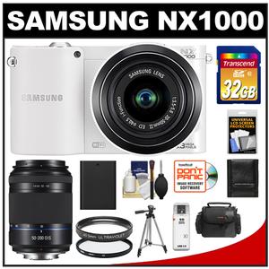 Samsung NX1000 Smart Wi-Fi Digital Camera Body & 20-50mm Lens (White) with 50-200mm NX OIS Lens + 32GB Card + Case + Battery + Tripod + Filters + Accessory Kit - Digital Cameras and Accessories - Hip Lens.com