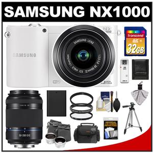 Samsung NX1000 Smart Wi-Fi Digital Camera Body & 20-50mm Lens (White) with 50-200mm NX OIS Lens + 32GB Card + Case + Battery + Tripod + 2 Lens Set + Filters - Digital Cameras and Accessories - Hip Lens.com