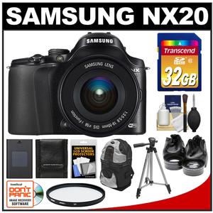 Samsung NX20 Smart Wi-Fi Digital Camera Body & 18-55mm Lens (Black) with 32GB Card + Backpack Case + Battery + Tripod + Filter + 2 Lens Set + Accessory Kit - Digital Cameras and Accessories - Hip Lens.com