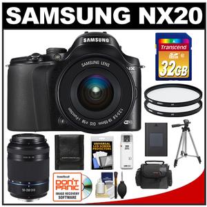 Samsung NX20 Smart Wi-Fi Digital Camera Body & 18-55mm Lens (Black) with 50-200mm Lens + 32GB Card + Case + Battery + 2 Filters + Tripod + Accessory Kit - Digital Cameras and Accessories - Hip Lens.com