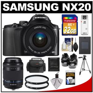 Samsung NX20 Smart Wi-Fi Digital Camera Body & 18-55mm Lens (Black) with 50-200mm Lens + 32GB Card + Case + Battery + Tripod + 2 Lens Set + Accessory Kit - Digital Cameras and Accessories - Hip Lens.com