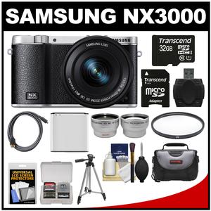 Samsung NX3000 Smart Wi-Fi Digital Camera with 16-50mm Lens & Flash (Black) with 32GB Card + Case + Battery + Tripod + Filter + Tele/Wide Lens Kit