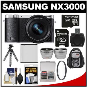 Samsung NX3000 Smart Wi-Fi Digital Camera with 16-50mm Lens & Flash (Black) with 32GB Card + Backpack + Battery + Flex Tripod + Tele/Wide Lens Kit