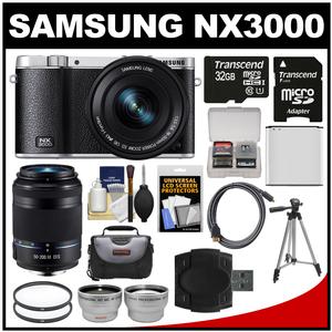 Samsung NX3000 Smart Wi-Fi Digital Camera with 16-50mm Lens & Flash (Black) with 50-200mm Lens + 32GB Card + Case + Battery + Tripod + Kit