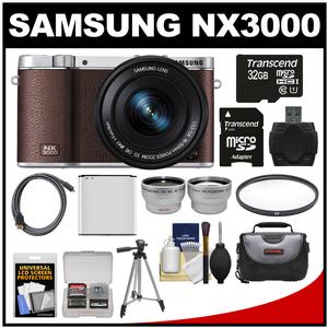 Samsung NX3000 Smart Wi-Fi Digital Camera with 16-50mm Lens & Flash (Brown) with 32GB Card + Case + Battery + Tripod + Filter + Tele/Wide Lens Kit