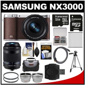 Samsung NX3000 Smart Wi-Fi Digital Camera with 16-50mm Lens & Flash (Brown) with 50-200mm Lens + 32GB Card + Case + Battery + Tripod + Kit