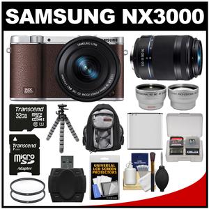 Samsung NX3000 Smart Wi-Fi Digital Camera with 16-50mm Lens & Flash (Brown) with 50-200mm Lens + 32GB Card + Backpack + Battery + Flex Tripod Kit