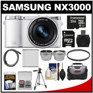 Samsung NX3000 Smart Wi-Fi Digital Camera with 16-50mm Lens & Flash (White) with 32GB Card + Case + Battery + Tripod + Filter + Tele/Wide Lens Kit