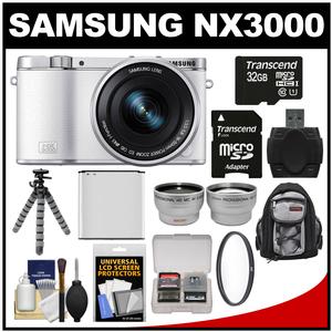Samsung NX3000 Smart Wi-Fi Digital Camera with 16-50mm Lens & Flash (White) with 32GB Card + Backpack + Battery + Flex Tripod + Tele/Wide Lens Kit
