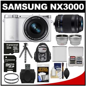 Samsung NX3000 Smart Wi-Fi Digital Camera with 16-50mm Lens & Flash (White) with 50-200mm Lens + 32GB Card + Backpack + Battery + Flex Tripod Kit
