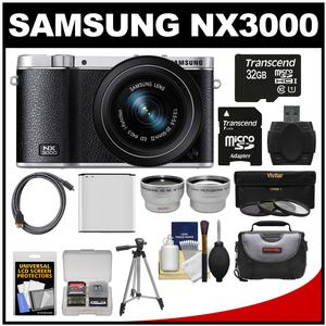 Samsung NX3000 Smart Wi-Fi Digital Camera with 20-50mm Lens & Flash (Black) with 32GB Card + Case + Battery + Tripod + Filter + Tele/Wide Lens Kit