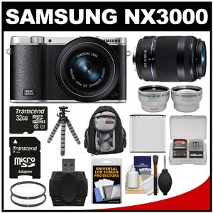 Samsung NX3000 Smart Wi-Fi Digital Camera with 20-50mm Lens & Flash (Black) with 50-200mm Lens + 32GB Card + Backpack + Battery + Flex Tripod Kit