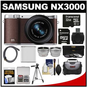 Samsung NX3000 Smart Wi-Fi Digital Camera with 20-50mm Lens & Flash (Brown) with 32GB Card + Case + Battery + Tripod + Filter + Tele/Wide Lens Kit