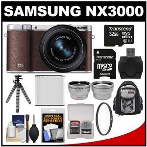 Samsung NX3000 Smart Wi-Fi Digital Camera with 20-50mm Lens & Flash (Brown) with 32GB Card + Backpack + Battery + Flex Tripod + Tele/Wide Lens Kit