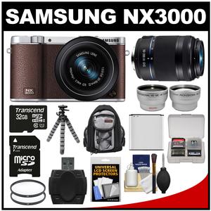 Samsung NX3000 Smart Wi-Fi Digital Camera with 20-50mm Lens & Flash (Brown) with 50-200mm Lens + 32GB Card + Backpack + Battery + Flex Tripod Kit