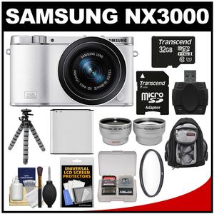 Samsung NX3000 Smart Wi-Fi Digital Camera with 20-50mm Lens & Flash (White) with 32GB Card + Backpack + Battery + Flex Tripod + Tele/Wide Lens Kit