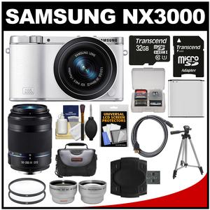 Samsung NX3000 Smart Wi-Fi Digital Camera with 20-50mm Lens & Flash (White) with 50-200mm Lens + 32GB Card + Case + Battery + Tripod + Kit