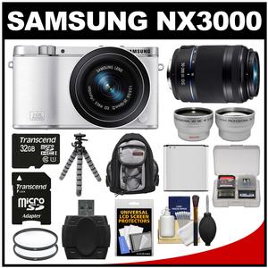 Samsung NX3000 Smart Wi-Fi Digital Camera with 20-50mm Lens & Flash (White) with 50-200mm Lens + 32GB Card + Backpack + Battery + Flex Tripod Kit