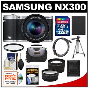 Samsung NX300 Smart Wi-Fi Digital Camera Body & 18-55mm Lens (Black) with 32GB Card + Case + Battery + Tripod + HDMI Cable + Tele/Wide Lenses + UV Filter
