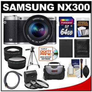 Samsung NX300 Smart Wi-Fi Digital Camera Body & 18-55mm Lens (Black) with 64GB Card + Case + Battery + Tripod + HDMI Cable + Tele/Wide Lenses + Filters