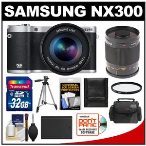 Samsung NX300 Smart Wi-Fi Digital Camera Body & 18-55mm Lens (Black) with 500mm Mirror Lens + 32GB Card + Case + Battery + Tripod + UV Filter + Accessory Kit