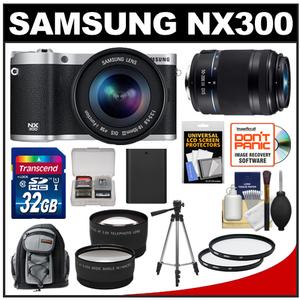 Samsung NX300 Smart Wi-Fi Digital Camera Body & 18-55mm Lens (Black) with 50-200mm Lens + 32GB Card + Backpack + Battery + Tripod + Filter + Tele/Wide Lens Kit