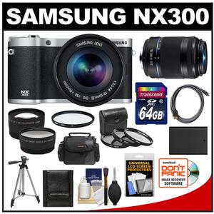 Samsung NX300 Smart Wi-Fi Digital Camera Body & 18-55mm Lens (Black) with 50-200mm Lens + 64GB Card + Case + Battery + Tripod + HDMI Cable + Tele/Wide Lens Kit