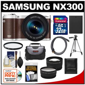 Samsung NX300 Smart Wi-Fi Digital Camera Body & 18-55mm Lens (Brown) with 32GB Card + Case + Battery + Tripod + HDMI Cable + Tele/Wide Lenses + UV Filter