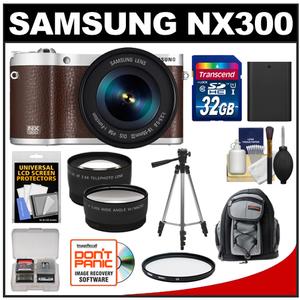 Samsung NX300 Smart Wi-Fi Digital Camera Body & 18-55mm Lens (Brown) with 32GB Card + Backpack + Battery + Tripod + Tele/Wide Lenses + Filter + Accessory Kit