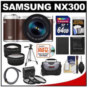 Samsung NX300 Smart Wi-Fi Digital Camera Body & 18-55mm Lens (Brown) with 64GB Card + Case + Battery + Tripod + HDMI Cable + Tele/Wide Lenses + Filters