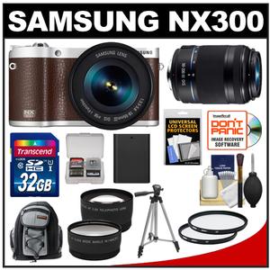 Samsung NX300 Smart Wi-Fi Digital Camera Body & 18-55mm Lens (Brown) with 50-200mm Lens + 32GB Card + Backpack + Battery + Tripod + Filter + Tele/Wide Lens Kit