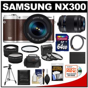 Samsung NX300 Smart Wi-Fi Digital Camera Body & 18-55mm Lens (Brown) with 50-200mm Lens + 64GB Card + Case + Battery + Tripod + HDMI Cable + Tele/Wide Lens Kit