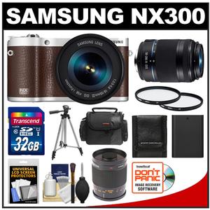 Samsung NX300 Smart Wi-Fi Digital Camera Body & 18-55mm Lens (Brown) with 50-200mm Lens & 500mm Mirror Lens + 32GB Card + Case + Battery + Tripod + Filters Kit