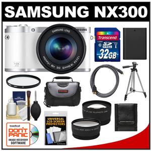 Samsung NX300 Smart Wi-Fi Digital Camera Body & 18-55mm Lens (White) with 32GB Card + Case + Battery + Tripod + HDMI Cable + Tele/Wide Lenses + UV Filter