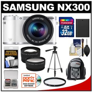 Samsung NX300 Smart Wi-Fi Digital Camera Body & 18-55mm Lens (White) with 32GB Card + Backpack + Battery + Tripod + Tele/Wide Lenses + Filter + Accessory Kit