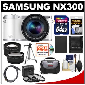 Samsung NX300 Smart Wi-Fi Digital Camera Body & 18-55mm Lens (White) with 64GB Card + Case + Battery + Tripod + HDMI Cable + Tele/Wide Lenses + Filters