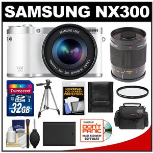 Samsung NX300 Smart Wi-Fi Digital Camera Body & 18-55mm Lens (White) with 500mm Mirror Lens + 32GB Card + Case + Battery + Tripod + UV Filter + Accessory Kit