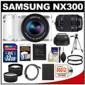 Samsung NX300 Smart Wi-Fi Digital Camera Body & 18-55mm Lens (White) with 50-200mm Lens + 32GB Card + Case + Battery + Tripod + HDMI Cable + Tele/Wide Lens Kit
