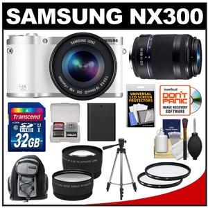 Samsung NX300 Smart Wi-Fi Digital Camera Body & 18-55mm Lens (White) with 50-200mm Lens + 32GB Card + Backpack + Battery + Tripod + Filter + Tele/Wide Lens Kit