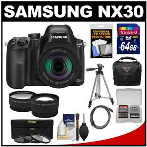 Samsung NX30 Smart Wi-Fi Digital Camera & 18-55mm Lens with 64GB Card + Case + Tripod + 3 Filters + Tele/Wide Lens Kit