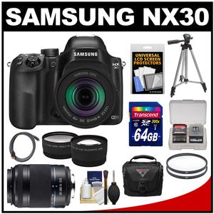 Samsung NX30 Smart Wi-Fi Digital Camera & 18-55mm Lens with 50-200mm Lens + 64GB Card + Case + Tripod + Filters + Tele/Wide Lens Kit