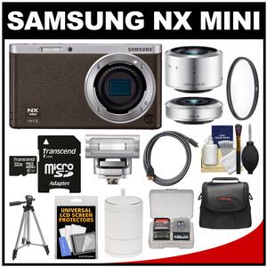 Samsung NX Mini Smart Wi-Fi Digital Camera with 9-27mm & 9mm Lenses Flash & Case (Brown) with 32GB Card + Case + Tripod + Filter + Kit