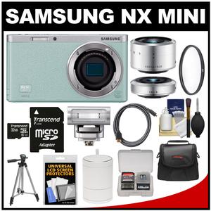 Samsung NX Mini Smart Wi-Fi Digital Camera with 9-27mm & 9mm Lenses Flash & Case (Green) with 32GB Card + Case + Tripod + Filter + Kit
