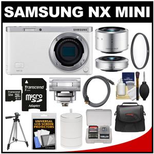 Samsung NX Mini Smart Wi-Fi Digital Camera with 9-27mm & 9mm Lenses Flash & Case (White) with 32GB Card + Case + Tripod + Filter + Kit