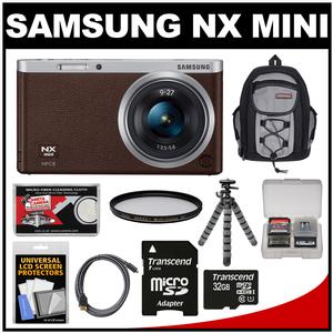 Samsung NX Mini Smart Wi-Fi Digital Camera with 9-27mm Lens & Flash (Brown) with 32GB Card + Backpack + Filter + Flex Tripod + Accessory Kit