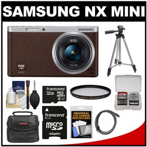Samsung NX Mini Smart Wi-Fi Digital Camera with 9-27mm Lens & Flash (Brown) with 32GB Card + Case + Filter + Tripod + Accessory Kit