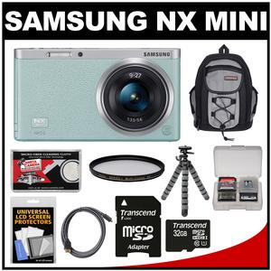 Samsung NX Mini Smart Wi-Fi Digital Camera with 9-27mm Lens & Flash (Mint Green) with 32GB Card + Backpack + Filter + Flex Tripod + Accessory Kit