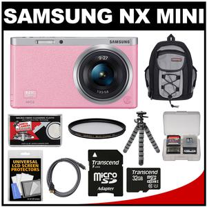 Samsung NX Mini Smart Wi-Fi Digital Camera with 9-27mm Lens & Flash (Pink) with 32GB Card + Backpack + Filter + Flex Tripod + Accessory Kit